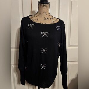 Cato Black Blouse with Silver Bow Accents
